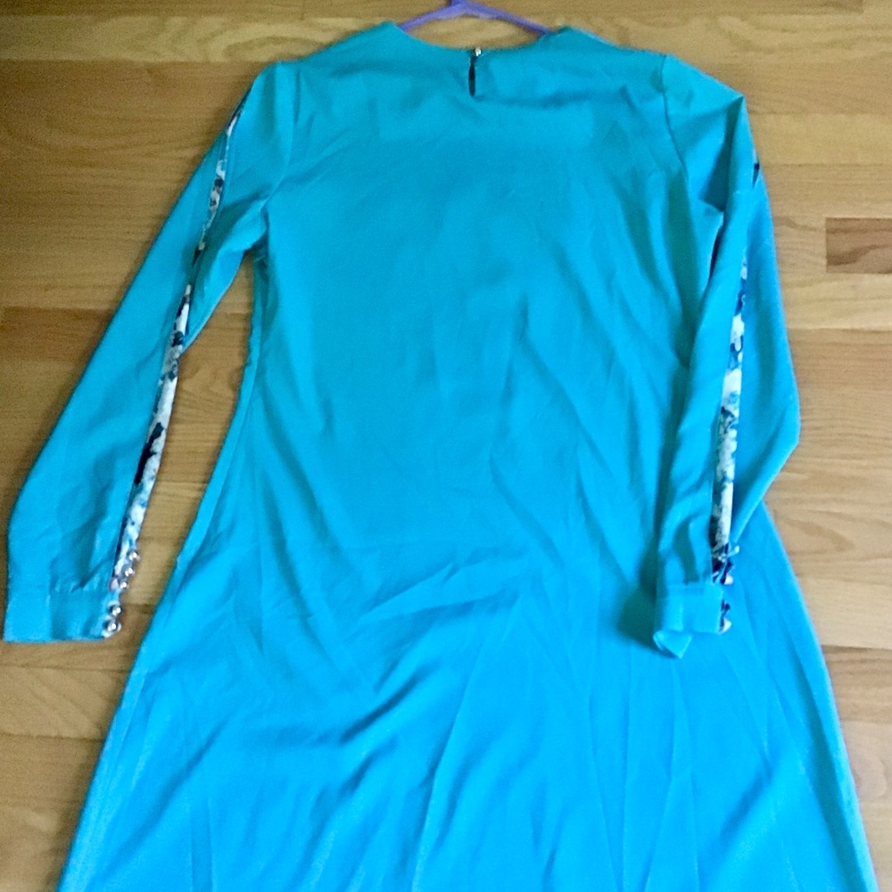 Blue chiffon knee length   shift summer dress with long floral sleeves  size L